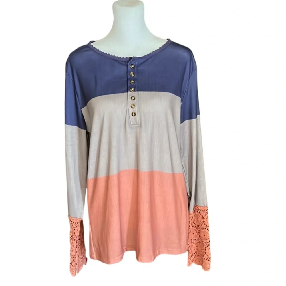 Unbranded Colorblock Crochet Lace Sleeve Henley Shirt Size XL - Picture 2 of 9